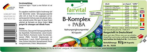 Vitamina B Complex - B-75 con PABA - Complejo de Vitamina B + Colina, Inositol y PABA (Ácido para-aminobenzoico) - VEGANO - Dosis elevada - 90 Cápsulas - Calidad Alemana
