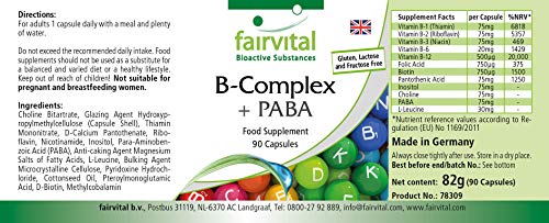 Vitamina B Complex - B-75 con PABA - Complejo de Vitamina B + Colina, Inositol y PABA (Ácido para-aminobenzoico) - VEGANO - Dosis elevada - 90 Cápsulas - Calidad Alemana