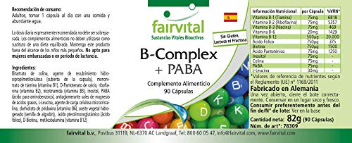 Vitamina B Complex - B-75 con PABA - Complejo de Vitamina B + Colina, Inositol y PABA (Ácido para-aminobenzoico) - VEGANO - Dosis elevada - 90 Cápsulas - Calidad Alemana
