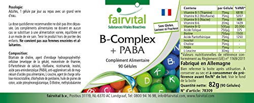 Vitamina B Complex - B-75 con PABA - Complejo de Vitamina B + Colina, Inositol y PABA (Ácido para-aminobenzoico) - VEGANO - Dosis elevada - 90 Cápsulas - Calidad Alemana