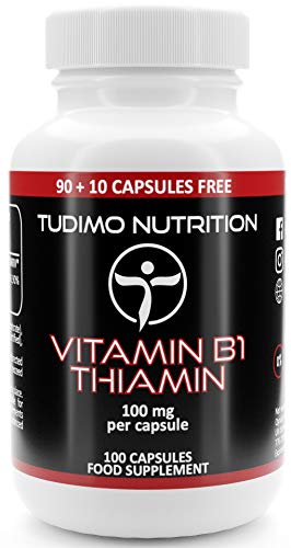 Vitamina B1 Capsulas Tiamina 100 mg – 100 Cápsulas (3+ Meses de provisión) de Desintegración Rápida, cada una con 100mg de Polvo de Vit B1 Thiamine Mononitrate (Vitamin B1 Thiamin Capsules)