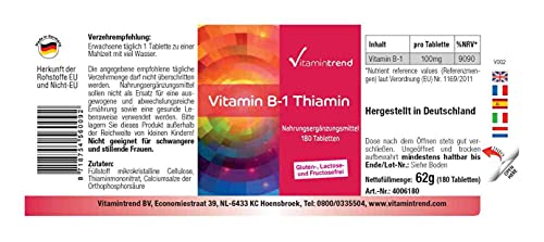Vitamina B1 Tiamina 100mg –Bote para ¡6 MESES! – 180 comprimidos de vitamina B – altas dosis de tiamina – para el metabolismo– energía