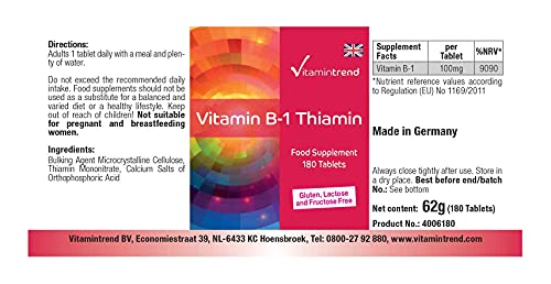 Vitamina B1 Tiamina 100mg –Bote para ¡6 MESES! – 180 comprimidos de vitamina B – altas dosis de tiamina – para el metabolismo– energía