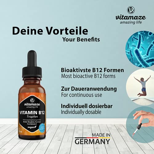 Vitamina B12 Gotas 500 mcg Alta Dosis por Diaria, Vitamina B12 Vegano y Líquido 50 ml (1700 Gotas), Metilcobalamina y Adenosilcobalamina, Alta Biodisponibilidad, sin Aditivos Innecesarios