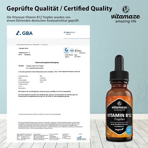 Vitamina B12 Gotas 500 mcg Alta Dosis por Diaria, Vitamina B12 Vegano y Líquido 50 ml (1700 Gotas), Metilcobalamina y Adenosilcobalamina, Alta Biodisponibilidad, sin Aditivos Innecesarios