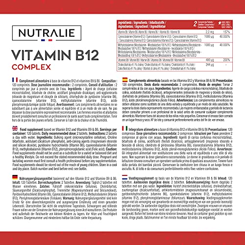 Vitamina B12 Vegana 2000mcg Cianocobalamina y Metilcobalamina | Reduce el Cansancio y Contribuye al Sistema Inmunológico | 120 Comprimidos Veganos Nutralie