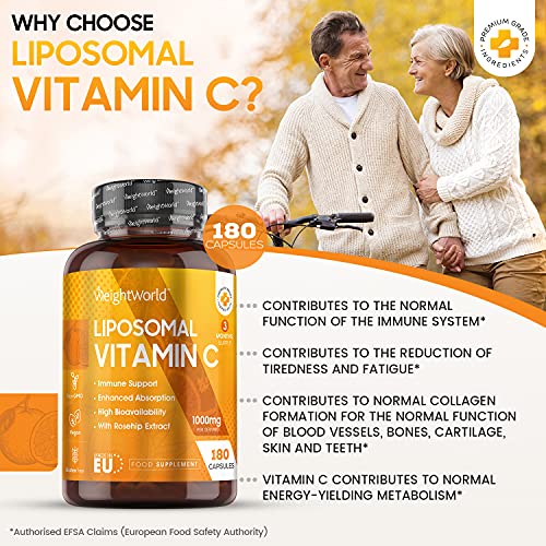 Vitamina C Liposomal 1000mg 180 Cápsulas Con Rosa Mosqueta - Suministro 3 Meses de Vitamina C Pura, Contribuye al Funcionamiento Normal del Sistema Inmunológico, Vegano