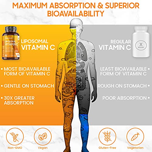 Vitamina C Liposomal 1000mg 180 Cápsulas Con Rosa Mosqueta - Suministro 3 Meses de Vitamina C Pura, Contribuye al Funcionamiento Normal del Sistema Inmunológico, Vegano