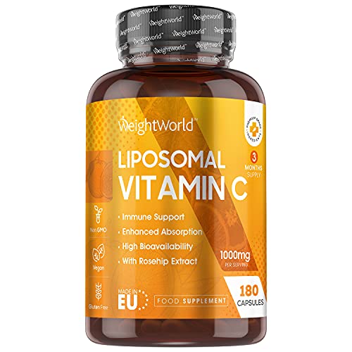 Vitamina C Liposomal 1000mg 180 Cápsulas Con Rosa Mosqueta - Suministro 3 Meses de Vitamina C Pura, Contribuye al Funcionamiento Normal del Sistema Inmunológico, Vegano