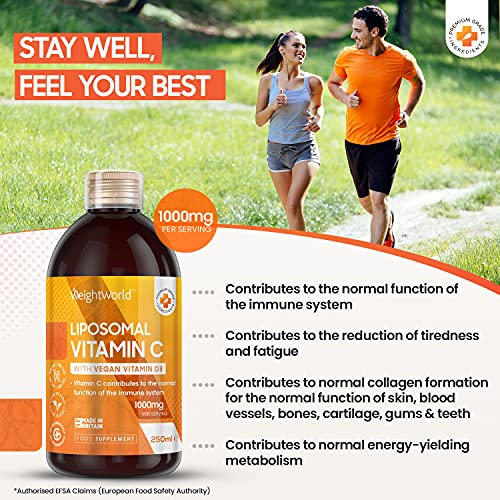 Vitamina C Liposomal 1000mg Líquida 250ml Vegana - Con Vitamina D Ácido Ascórbico y Acerola, Vitamina C Pura de Alta Concentración y Absorción Contribuye a la Reducción del Cansancio y la Fatiga