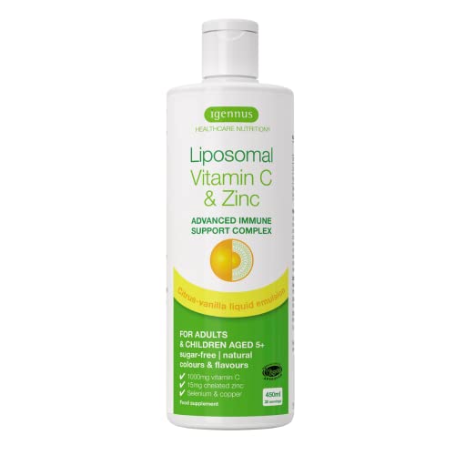 Vitamina C Liposomal Complex de 1000 mg con Zinc, cobre y selenio, complejo líquido de apoyo inmunológico para adultos y niños, sabor cítrico y vainilla, 30 porciones