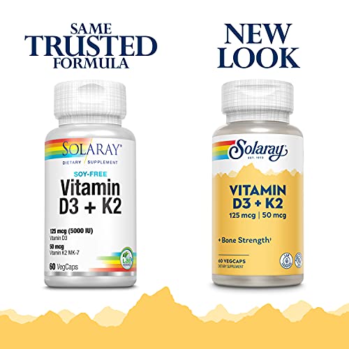 Vitamina D-3 y Vitamina K-2 con Calcio y Fósforo de Solaray | Bote de 60 Comprimidos | D3 K2 (MK-7)