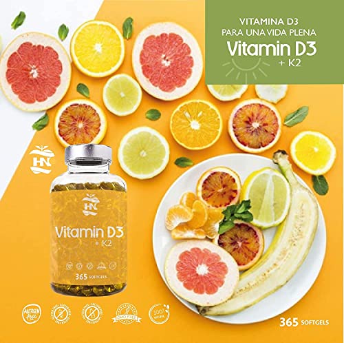 Vitamina D - 365 Cápsulas de vitamina D3 K2 – Vitamina D (5000 UI) altamente concentrada. Favorece la función inmunológica y ósea - 365 cápsulas