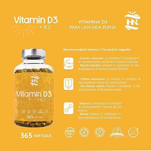 Vitamina D - 365 Cápsulas de vitamina D3 K2 – Vitamina D (5000 UI) altamente concentrada. Favorece la función inmunológica y ósea - 365 cápsulas