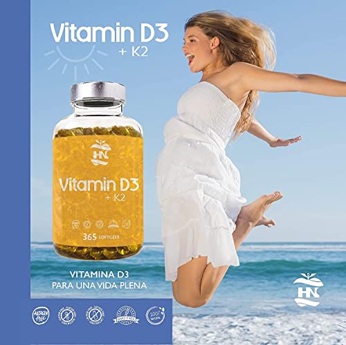 Vitamina D - 365 Cápsulas de vitamina D3 K2 – Vitamina D (5000 UI) altamente concentrada. Favorece la función inmunológica y ósea - 365 cápsulas