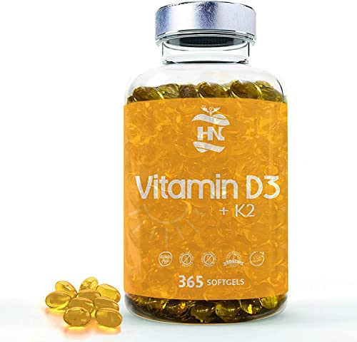 Vitamina D - 365 Cápsulas de vitamina D3 K2 – Vitamina D (5000 UI) altamente concentrada. Favorece la función inmunológica y ósea - 365 cápsulas