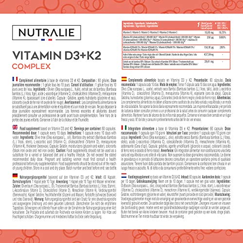 Vitamina D3 10.000 UI + K2 MK7 Alta Dosis | Contribuye al Sistema Inmunitario, Huesos y Músculos con Vitamina D3, K2, C, Silicio y Aceite de Oliva Virgen Extra | 60 cápsulas Nutralie