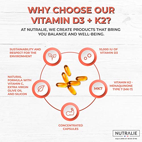 Vitamina D3 10.000 UI + K2 MK7 Alta Dosis | Contribuye al Sistema Inmunitario, Huesos y Músculos con Vitamina D3, K2, C, Silicio y Aceite de Oliva Virgen Extra | 60 cápsulas Nutralie