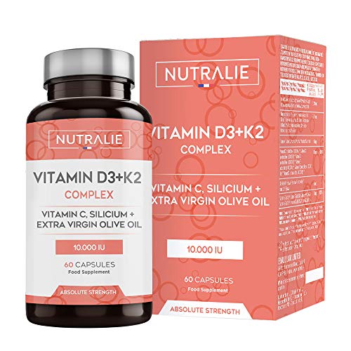 Vitamina D3 10.000 UI + K2 MK7 Alta Dosis | Contribuye al Sistema Inmunitario, Huesos y Músculos con Vitamina D3, K2, C, Silicio y Aceite de Oliva Virgen Extra | 60 cápsulas Nutralie