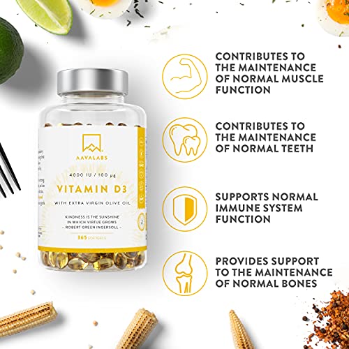 Vitamina D3 [ 4000 UI ] – con Aceite de Oliva Virgen Extra para una Absorción Óptima – Sin OGM, sin Gluten y sin Lactosa – Contribuye al mantenimiento de la Función Ósea, Muscular e Inmunológica.