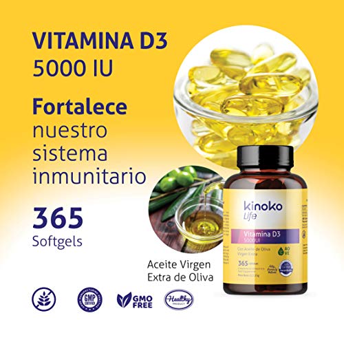 Vitamina D3 5000 UI | 365 Cápsulas | Vitamina D Natural Colecalciferol con Aceite de Oliva Virgen Extra | Mantiene las articulaciones y mejora la absorción del Calcio | Aumenta tus Defensas.