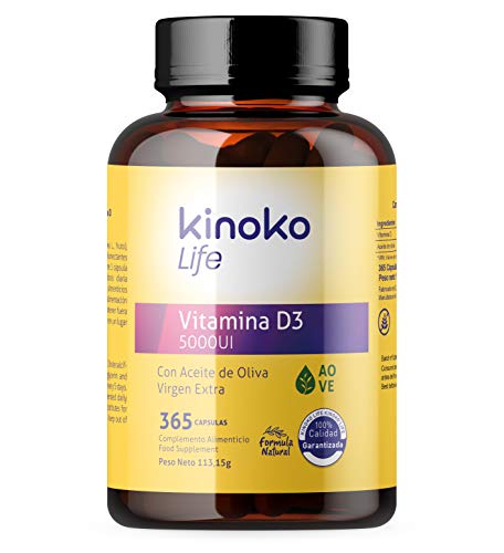 Vitamina D3 5000 UI | 365 Cápsulas | Vitamina D Natural Colecalciferol con Aceite de Oliva Virgen Extra | Mantiene las articulaciones y mejora la absorción del Calcio | Aumenta tus Defensas.