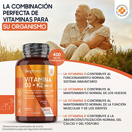 Vitamina D3 K2 400 Comprimidos Veganos - Vitamina D3 2000UI Vitamina K2 75 µg, Vit D3 K2 de Alta Absorción y Biodisponibilidad MK7 99,7% All-Trans, Contribuye al Mantenimiento Normal Sistema Inmune