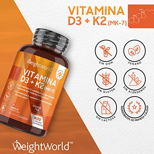 Vitamina D3 K2 400 Comprimidos Veganos - Vitamina D3 2000UI Vitamina K2 75 µg, Vit D3 K2 de Alta Absorción y Biodisponibilidad MK7 99,7% All-Trans, Contribuye al Mantenimiento Normal Sistema Inmune