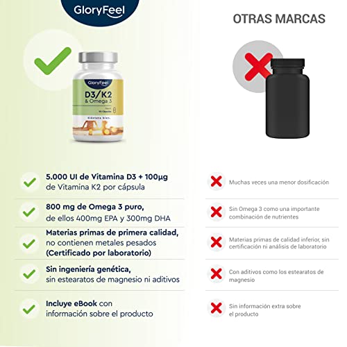 Vitamina D3 + K2 + Omega 3 - 5000 UI de Vitamina D - Materias primas de primera calidad: 99,7+% All-Trans K2 Original K2VITAL® - Omega 3 en forma de triglicéridos y D3 altamente biodisponible