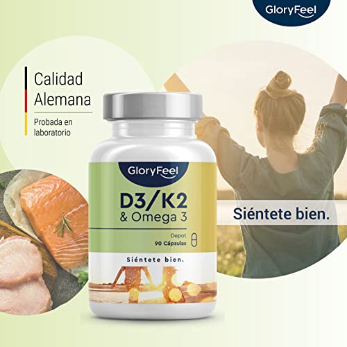 Vitamina D3 + K2 + Omega 3 - 5000 UI de Vitamina D - Materias primas de primera calidad: 99,7+% All-Trans K2 Original K2VITAL® - Omega 3 en forma de triglicéridos y D3 altamente biodisponible