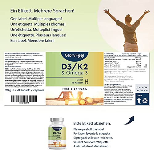 Vitamina D3 + K2 + Omega 3 - 5000 UI de Vitamina D - Materias primas de primera calidad: 99,7+% All-Trans K2 Original K2VITAL® - Omega 3 en forma de triglicéridos y D3 altamente biodisponible