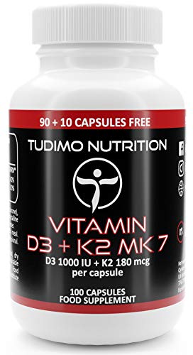 Vitamina D3 y K2 MK7 Capsulas 1000 UI / 180 mcg – 100 Cápsulas (3+ Meses de Provisión) de Desintegración Rápida con Vit K 2 MK 7 Menaquinona & Vit D Colecalciferol Polvo (D3+K2 Supplement Capsules)