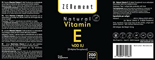 Vitamina E Natural - 400 UI (D-Alfa-Tocoferol), 200 Cápsulas | con Aceite de Oliva Virgen Extra | Antioxidante y Antiedad | No-GMO | de Zenement