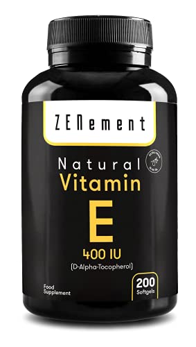 Vitamina E Natural - 400 UI (D-Alfa-Tocoferol), 200 Cápsulas | con Aceite de Oliva Virgen Extra | Antioxidante y Antiedad | No-GMO | de Zenement