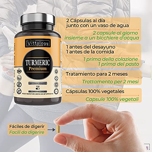 Vittalogy Turmeric Premium. Cápsulas de Cúrcuma Ecológica Con Jengibre y Pimienta, Harpagofito Y Vitamina C. Antioxidante Y Antiinflamatorio Natural. 120 Cápsulas