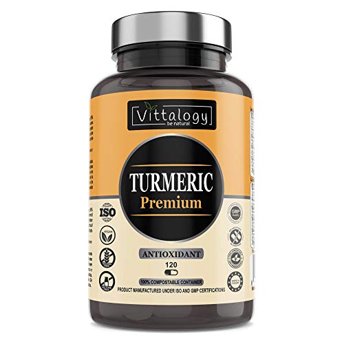 Vittalogy Turmeric Premium. Cápsulas de Cúrcuma Ecológica Con Jengibre y Pimienta, Harpagofito Y Vitamina C. Antioxidante Y Antiinflamatorio Natural. 120 Cápsulas