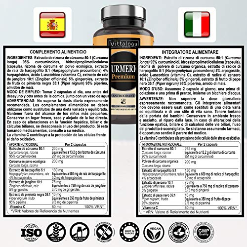 Vittalogy Turmeric Premium. Cápsulas de Cúrcuma Ecológica Con Jengibre y Pimienta, Harpagofito Y Vitamina C. Antioxidante Y Antiinflamatorio Natural. 120 Cápsulas