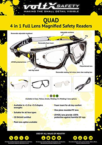 voltX 'Quad' 4 in 1 (Transparente dioptría +1.5) Lectura Segura Gafas de Lectura de Seguridad con Lentes de Aumento Completos - con inserción de Espuma y Diadema - certificación CE EN166f