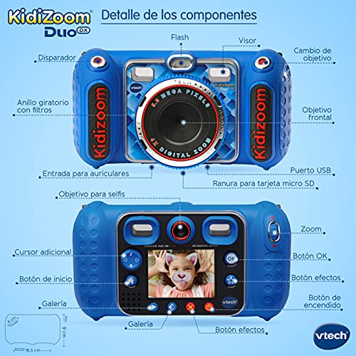 VTech - Kidizoom DUO DX, cámara de fotos para niños, vídeos, filtros, reproductor de música, juegos, USB, control parental, versión ESP, color azul (3480-520022)