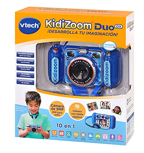 VTech - Kidizoom DUO DX, cámara de fotos para niños, vídeos, filtros, reproductor de música, juegos, USB, control parental, versión ESP, color azul (3480-520022)