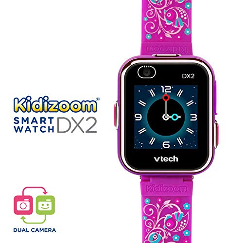 VTech - Kidizoom Smart Watch DX2, Reloj inteligente para niños, doble cámara de fotos, vídeos, juegos, color Morado con flores, Versión ESP (80-193837)