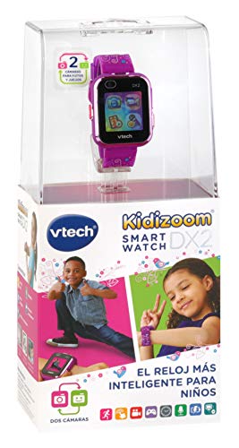 VTech - Kidizoom Smart Watch DX2, Reloj inteligente para niños, doble cámara de fotos, vídeos, juegos, color Morado con flores, Versión ESP (80-193837)