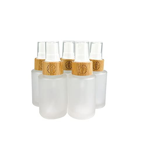 Wachsmann Frascos de vidrio de alta calidad con tapa de bambú , para cosmética natural sostenible , con pipeta para aceites y lociones, 30 ml , cabezal de pulverización , grabado , 5 piezas