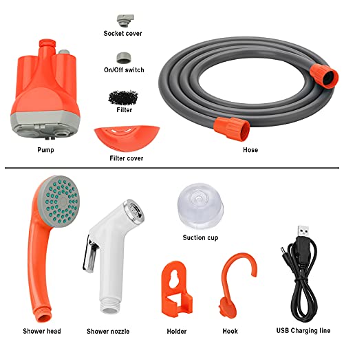 WADEO Ducha de camping con batería para camping, ducha exterior con bomba sumergible de 12 V, batería recargable de 2200 mAh, cable USB, manguera de 2 m