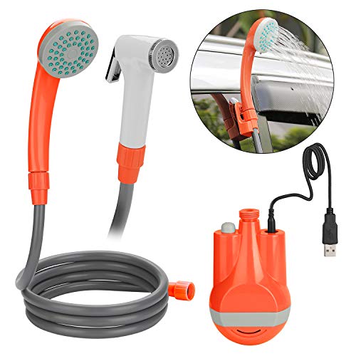 WADEO Ducha de camping con batería para camping, ducha exterior con bomba sumergible de 12 V, batería recargable de 2200 mAh, cable USB, manguera de 2 m