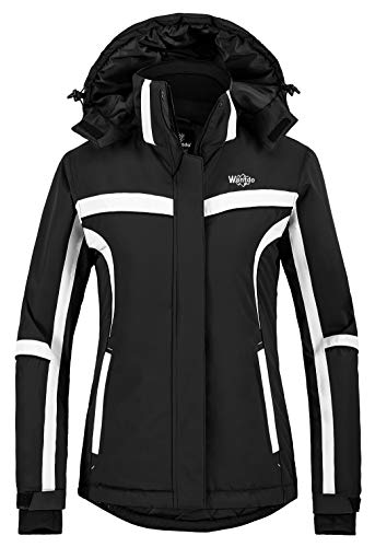 Wantdo Chaqueta de Esquí Aislante Impermeable Parka Cálida con Capucha Ajustable Extraíble Cazadora Trabajo Viaje Acampar Chaqueta de Esquí Aislante Impermeable para Mujer Negro L