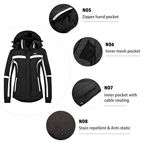 Wantdo Chaqueta de Esquí Aislante Impermeable Parka Cálida con Capucha Ajustable Extraíble Cazadora Trabajo Viaje Acampar Chaqueta de Esquí Aislante Impermeable para Mujer Negro L