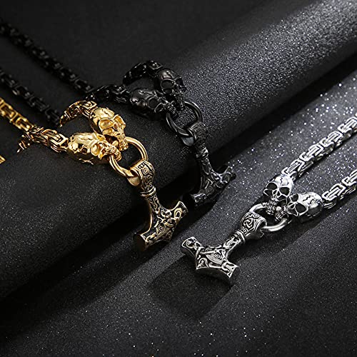 WDBAYXH Collar Cabeza de Calavera Gótica con Colgante Martillo de Thor Vikingo Mjolnir, Joyería Amuleto Cadena Rey Pesado de Acero Inoxidable Plata Oro Negro, Ciclista, Antiestático,Negro