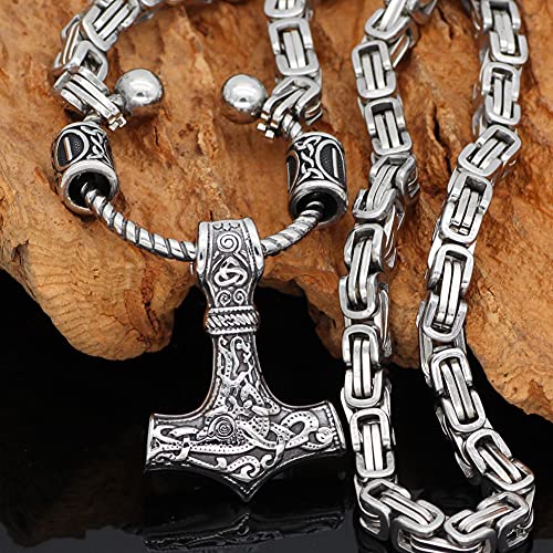 WDBAYXH Nordic Viking Totem Rune Circle Collar con Colgante Martillo de Thor, Amuleto Mjolnir para Hombre, Collar Cadena Rey Emperador Acero Inoxidable Plateado, Joyería Única Ciclista,60CM