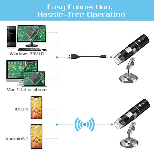 WiFi Microscopio Digital,HEYSTOP 1080P HD 2MP Mini Cámara,Aumento de 50 a 1000x Endoscopio,8 LED USB 2.0 Microscopio Ddigital con Metal Soporte Compatible iPhone iOS Teléfono Android iPad Windows Mac